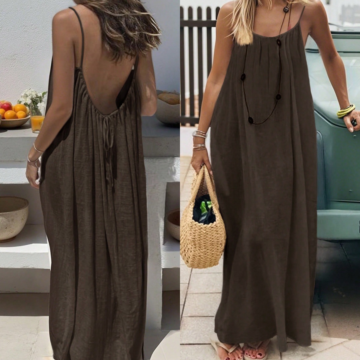 2026 Summer Women's Solid Color Halter Loose Maxi Dresses Pleated Women Sleeveless Elegant Backless Beach Holiday Long Dress