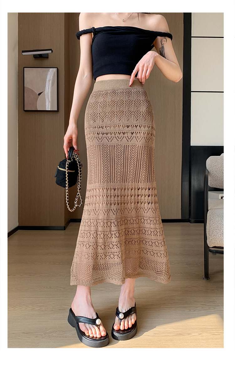 Women's Spring Summer A-Line Casual Breathable Natural Waist Midi Skirt Solid Lace Knitted Design Apricot Color Dushan