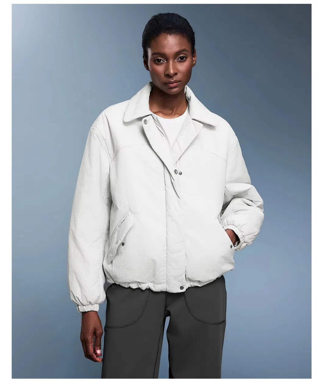 Women's Drawstring Hem Lightweight Lined Cotton-Padded Jacket Windproof Warm Loose-Fit Casual Style Outerwear with Lapel Collar