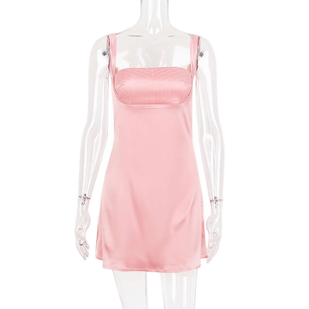 XS Small Size Women French Retro Style Dress High Quality Hot Sexy Mini Pink New Satin Dress