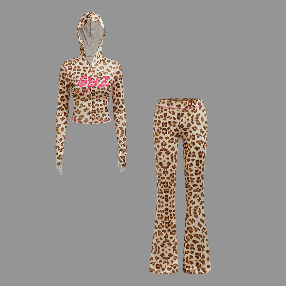 Y2K Clothing Custom Women's Plus Size Fall/Winter Tracksuit Embroidered Leopard Jersey Top with Pants Two Piece Set