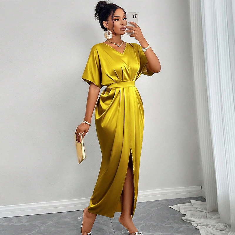Nightclub V-neck Short Sleeve High Waist Slit Dress Midi Skirt Women's Backless Casual Dress
