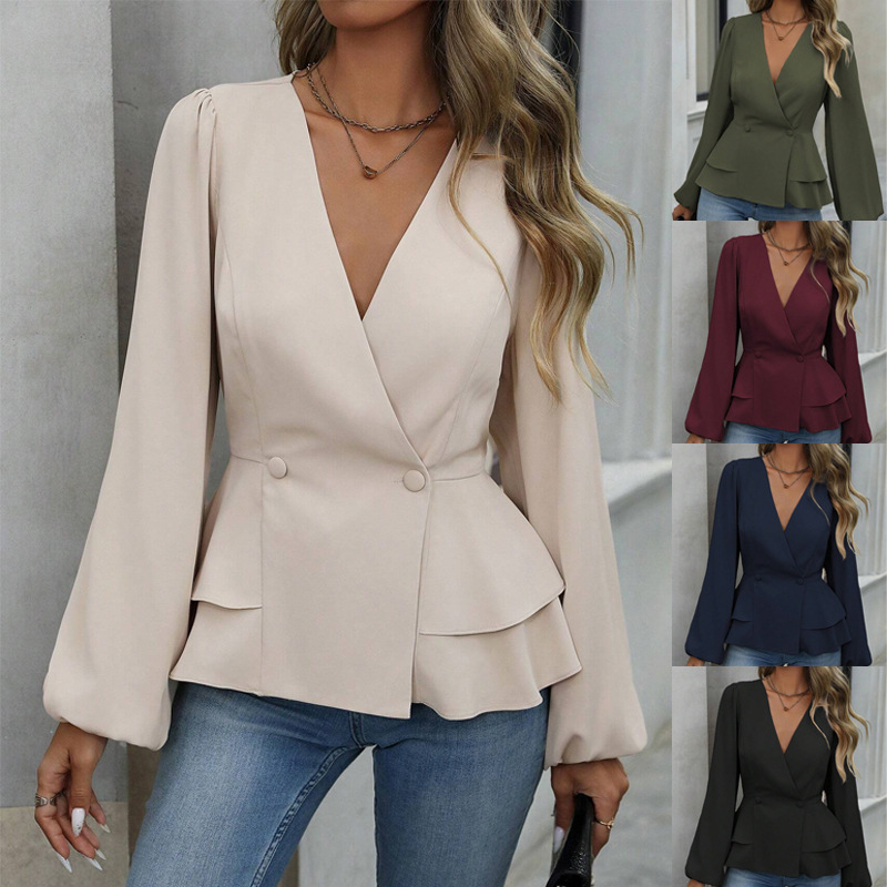 Spring Autumn Fashionable Women's Daily Shirt Long Sleeve Blouses Casual V Neck Tops