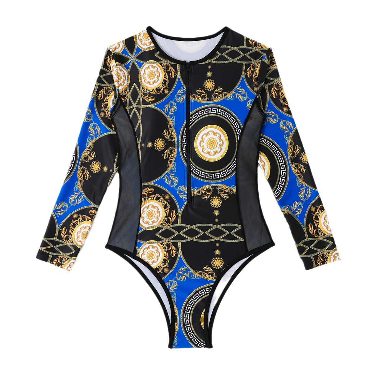 2024 Cross-border for European American Swimsuit Long Sleeve Mesh Stitching Fixed Edition Printed Surfer Beachwear Bikini