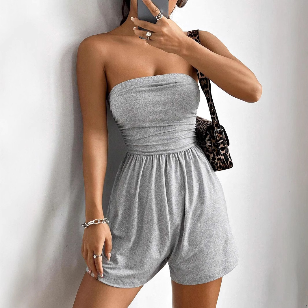 Women's Casual Strapless Leopard Print Above Knee Mid-waist Wide-leg Pleated Spliced Polyester Pants Summer Holiday Wear