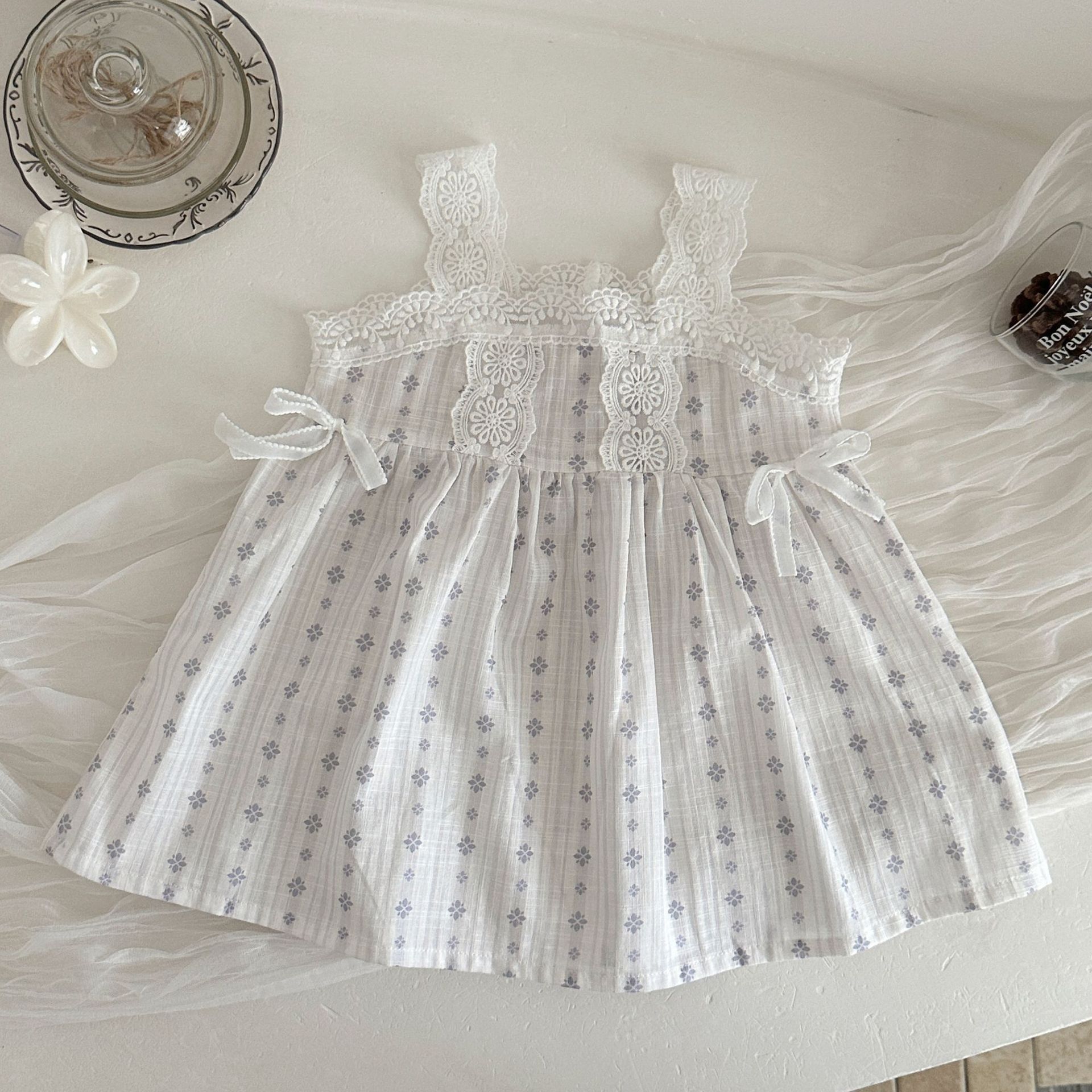 2026 INS Style Summer Infant and Toddler Clothes Vertical Stripe Small Flower Lace Camisole Dress Baby Girl Bow Strap Dresses