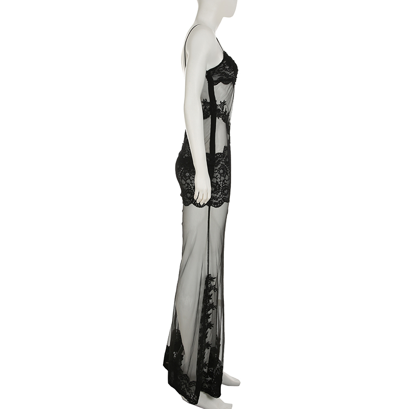 Women's Sexy Sheer Lace Cocktail Evening Dress Sleeveless Backless Floral Lace Floor Length Formal Gown