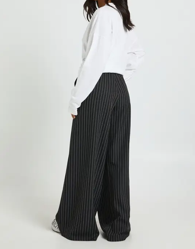 Women's Petite High Waisted Drawstring Stripe Wide Leg Trousers Casual Breathable Anti Pilling Comfortable Pants