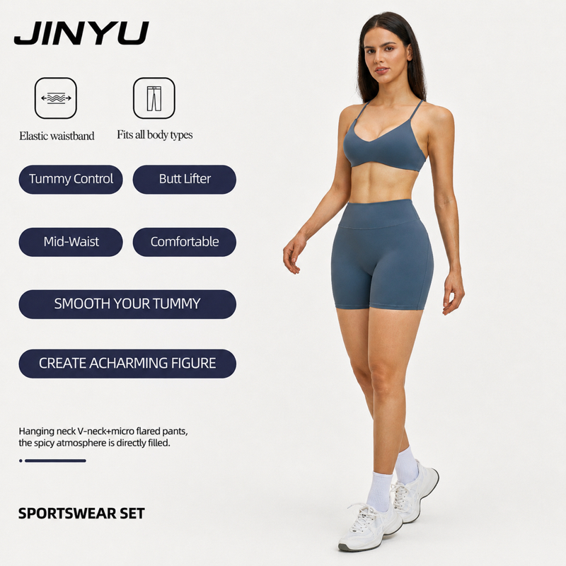 JINYU ODM/OEM Women's Gym Workout Set V-neck Supportive Sports Bra and High Waist Butt Lifting Shorts Yoga Activewear Set