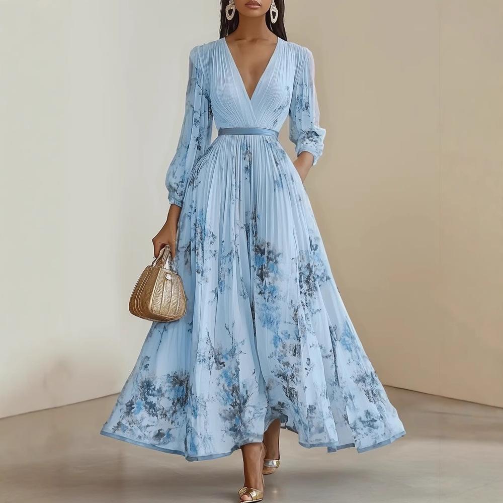 Premium Spring New Ethnic Print Dress Women's Lace-up Floral Pattern Tight Waist Puff Sleeve Large Swing V-neck Casual Dress