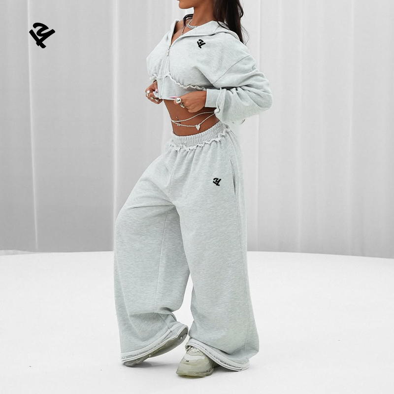 Plus Size Women's Sets Wholesale Streetwear Two Piece Cropped Zip up Hoodie and Oversize Joggers Set Curvy Women's Clothing