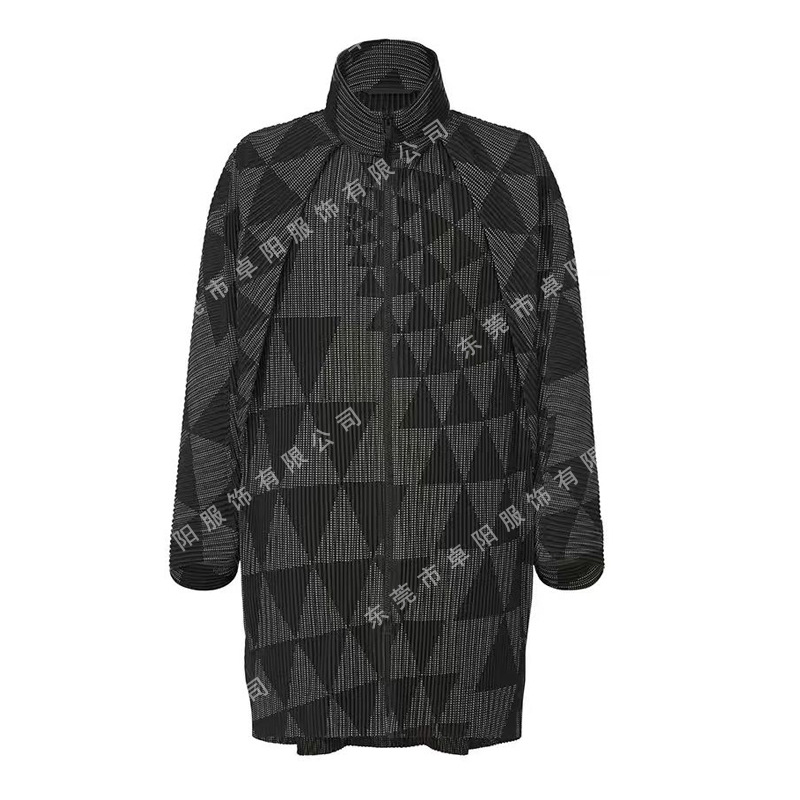 Pleated Autumn New Style HP Series Men's Triangle Pattern Stand Collar Zipper Trench Coat Overcoat 100% Polyester Foreign Trade