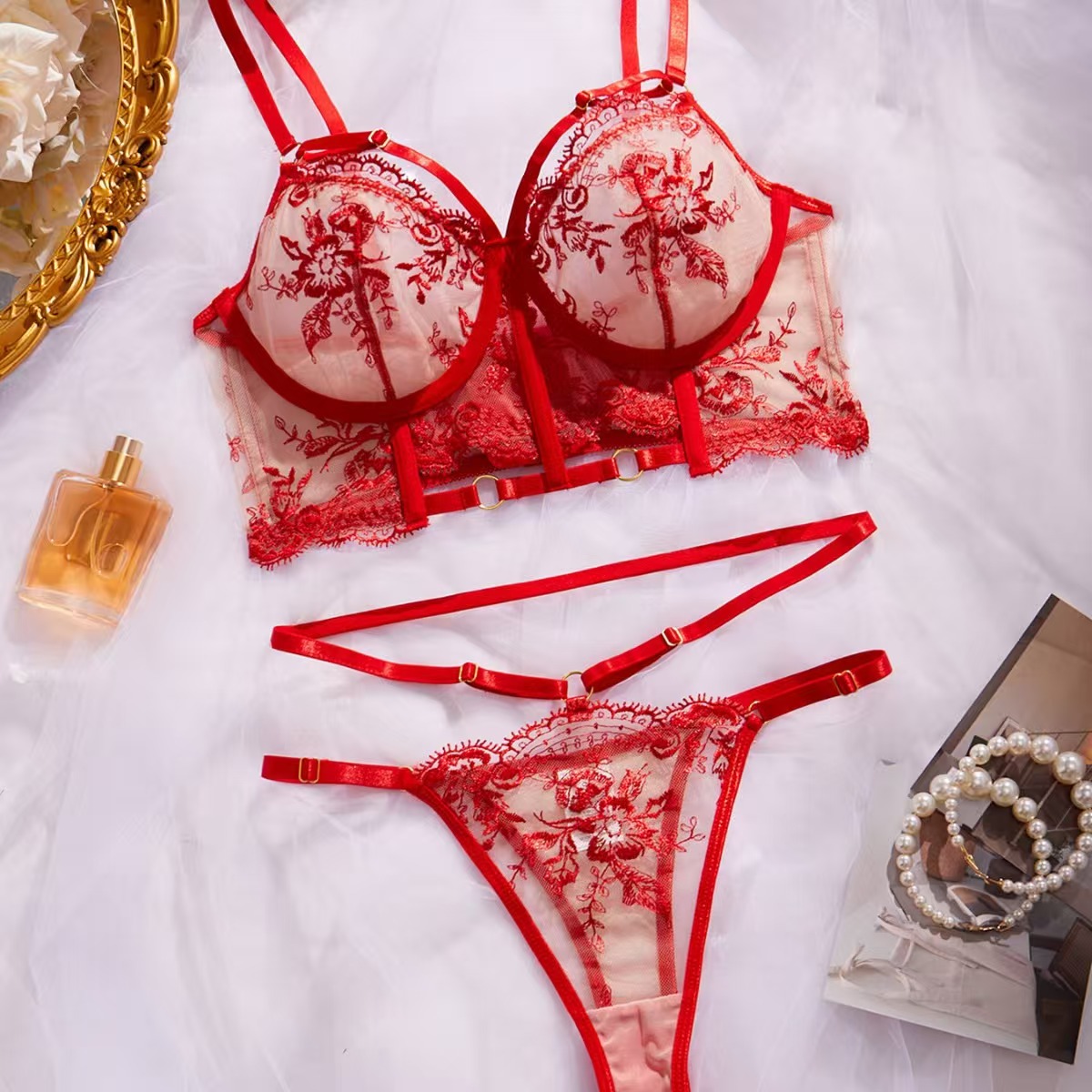 Women's Sexy Lingerie Set with Flower Embroidery Perspective Mesh Lace-Bra and Panties