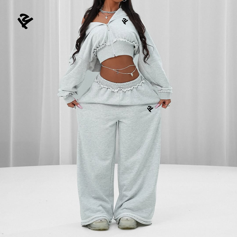 Plus Size Women's Sets Wholesale Streetwear Two Piece Cropped Zip up Hoodie and Oversize Joggers Set Curvy Women's Clothing