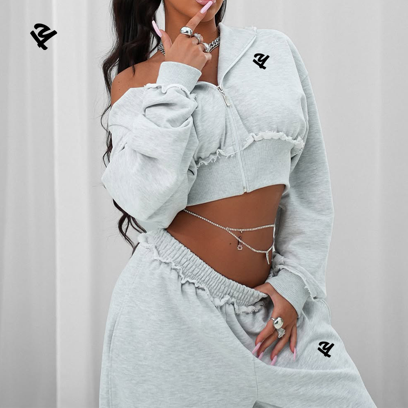Plus Size Women's Sets Wholesale Streetwear Two Piece Cropped Zip up Hoodie and Oversize Joggers Set Curvy Women's Clothing