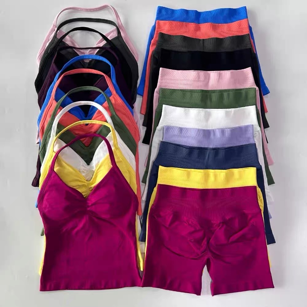 Custom Logo 2 Piece for Impact Sports Workout Gym Set Solid Pattern Longline Strappy Top Seamless Scrunch Shorts Yoga Clothing