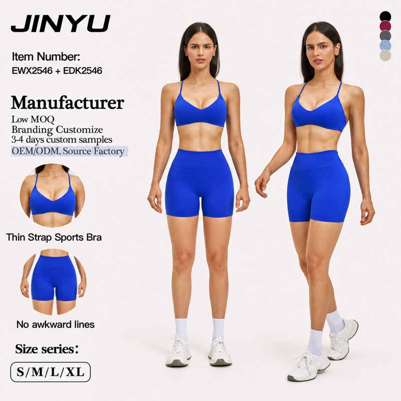 JINYU ODM/OEM Women's Gym Workout Set V-neck Supportive Sports Bra and High Waist Butt Lifting Shorts Yoga Activewear Set