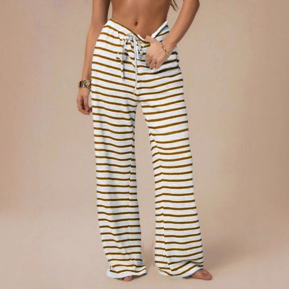 Wholesale Women's Slim Straight Leg Casual Trousers Fashion Color Contrast Horizontal Stripes Cross-Border Pants