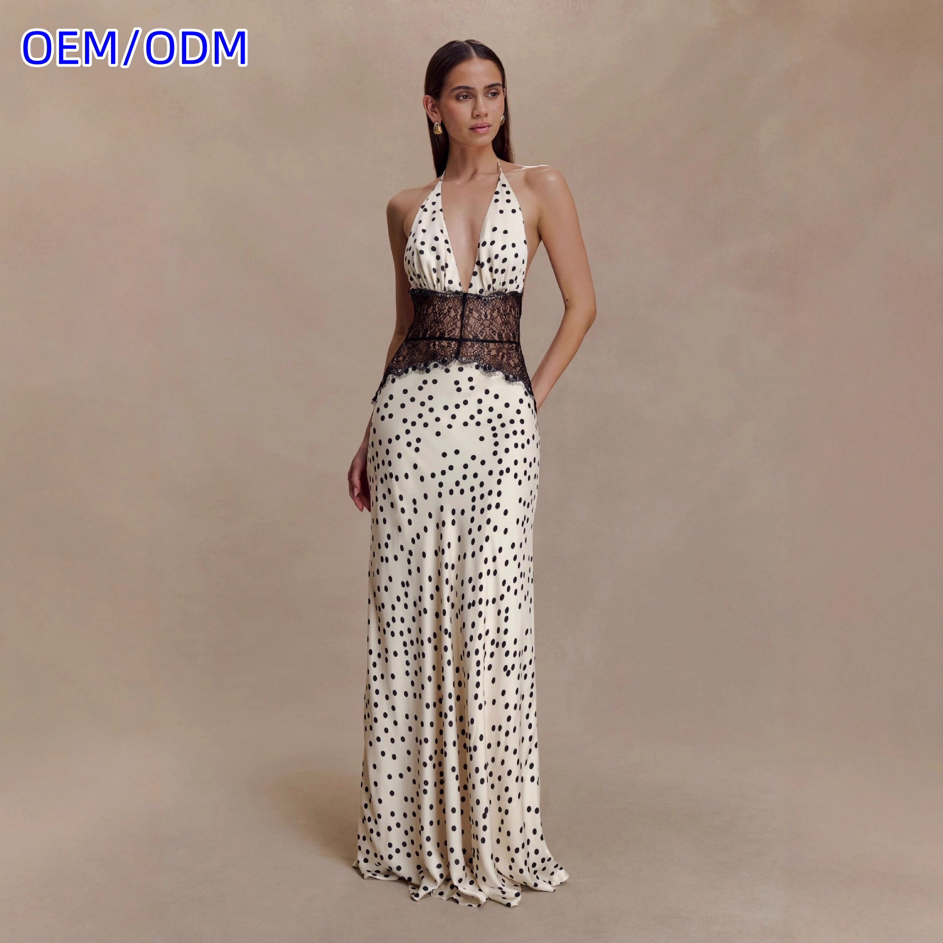 European American Foreign Trade 2025 New Temperament Wave Point Lace Maxi Vintage Empire Waist Women's Fashion Sexy Backless