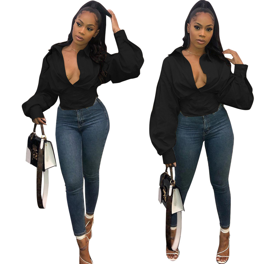 New New Arrival Women Sexy Solid Colors Deep V-neck Long Sleeve Shirts Tops Plus Size Women's Blouses Shirts