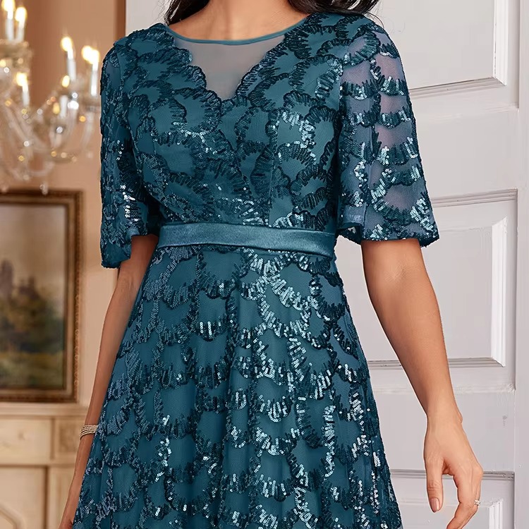 2025 Elegant Short Sleeve O Neck Formal Long Dress for Women Blue A Line Casual Wedding Party Wear Prom Gown by IMPEREAL