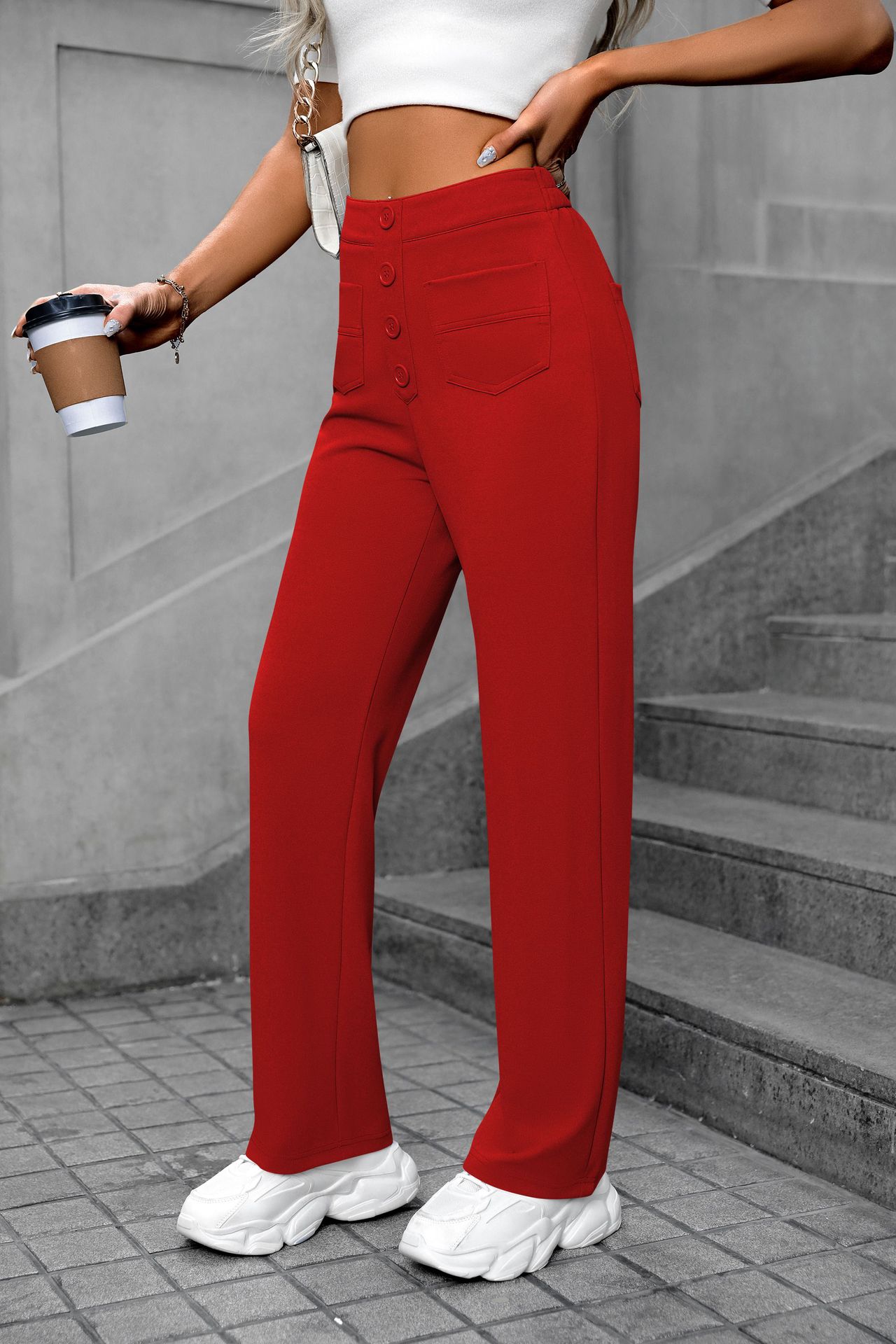 Women's Vintage High Waist Straight Pants with Button Pockets Loose Wide Leg Fashionable Anti-Wrinkle Trousers