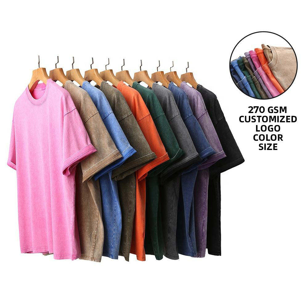 OEM Retro 100% Cotton Heavyweight Mens Oversized Tshirt 250GSM Tee Logo T-shirt Stone Acid Washed Vintage Custom T Shirt