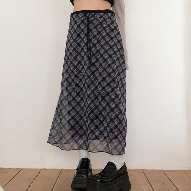 Casual Style Women's Plaid Knee-Length Chiffon Ruched Skirt
