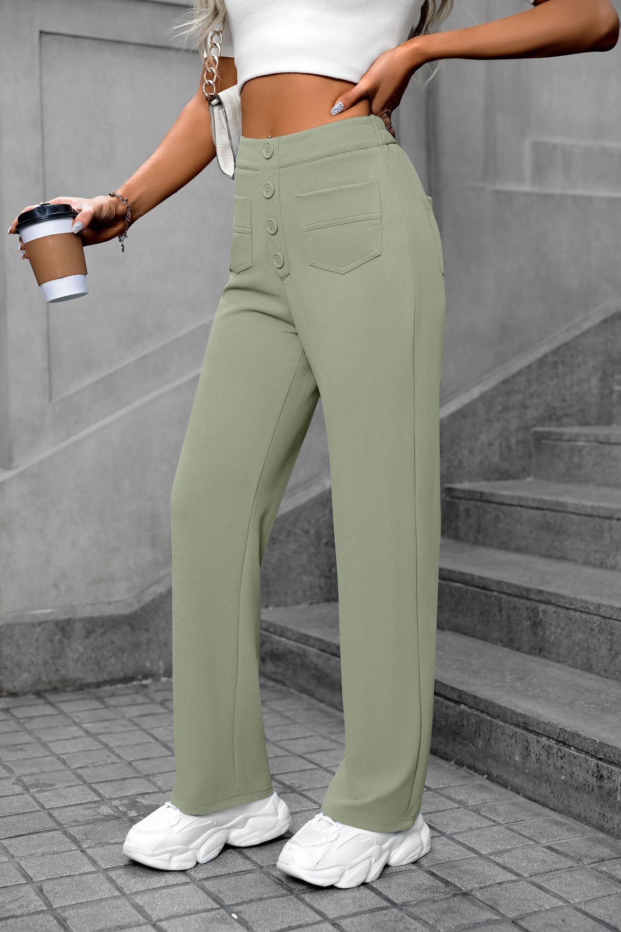 Women's Vintage High Waist Straight Pants with Button Pockets Loose Wide Leg Fashionable Anti-Wrinkle Trousers