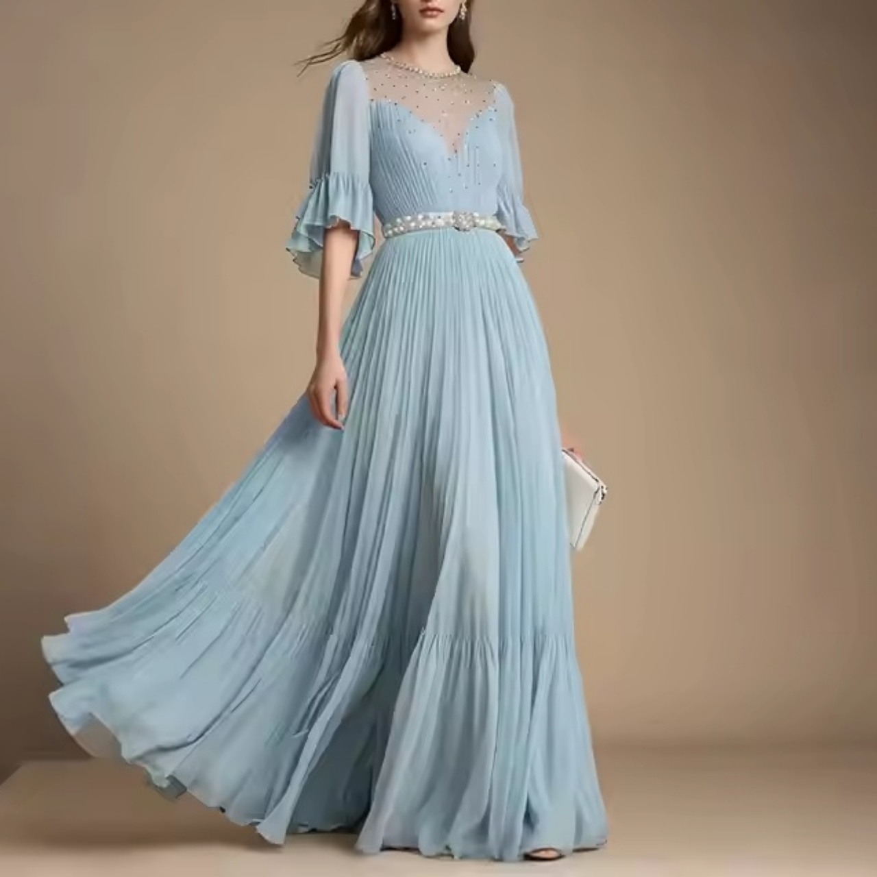 Custom Women Elegant Pleated Ruffled Button Short Sleeved Woven Muslim A-Line Guest Wedding Party Evening Dresses