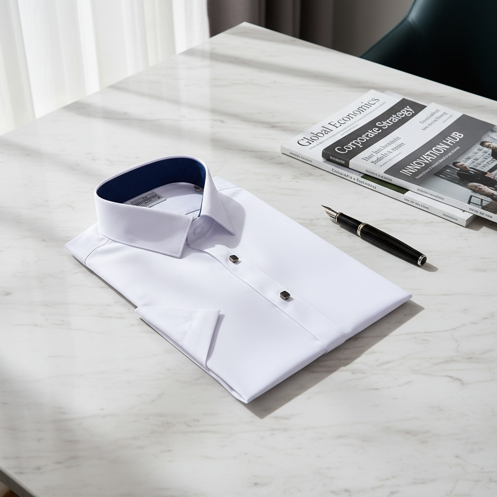 Premium Business Slim Fit Short Sleeve Knitted Turn-down Collar Men's Dress Shirt 55% Cotton Breathable Formal Office Workwear
