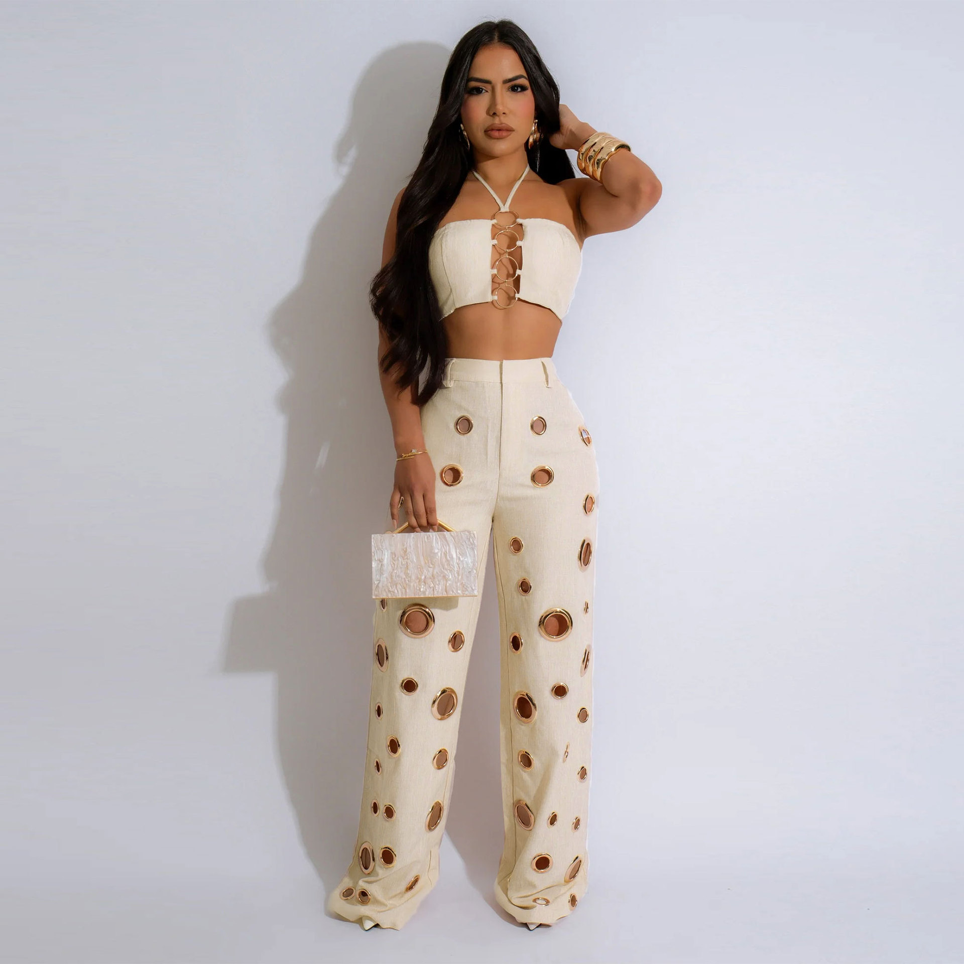 C Fashion Sexy Street Wear Halter Sleeveless Hollow Top Unique Ring Pant Piece Set Woman Clothing