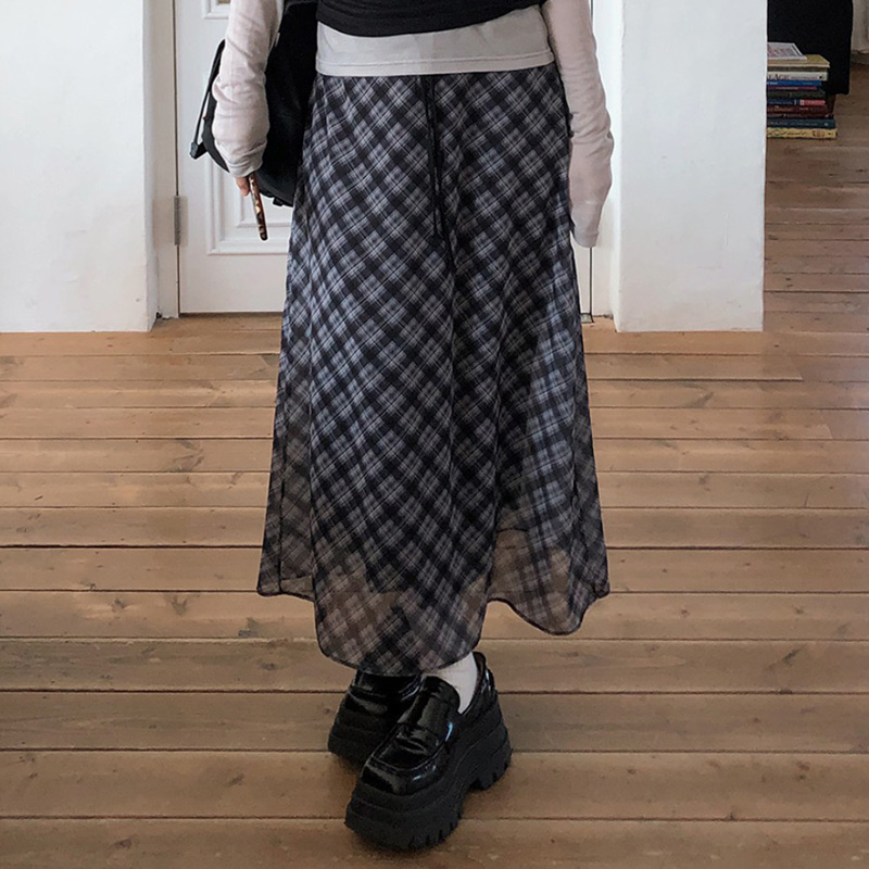 Casual Style Women's Plaid Knee-Length Chiffon Ruched Skirt Lightweight Breathable Knit Loose Fit Natural Waist Summer