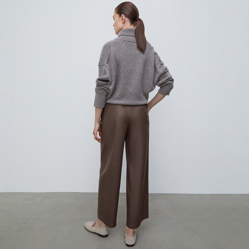 OOTN Women's Elegant Brown PU Leather Casual Trousers Office Ladies Straight Pants for Streetwear ODM Supply