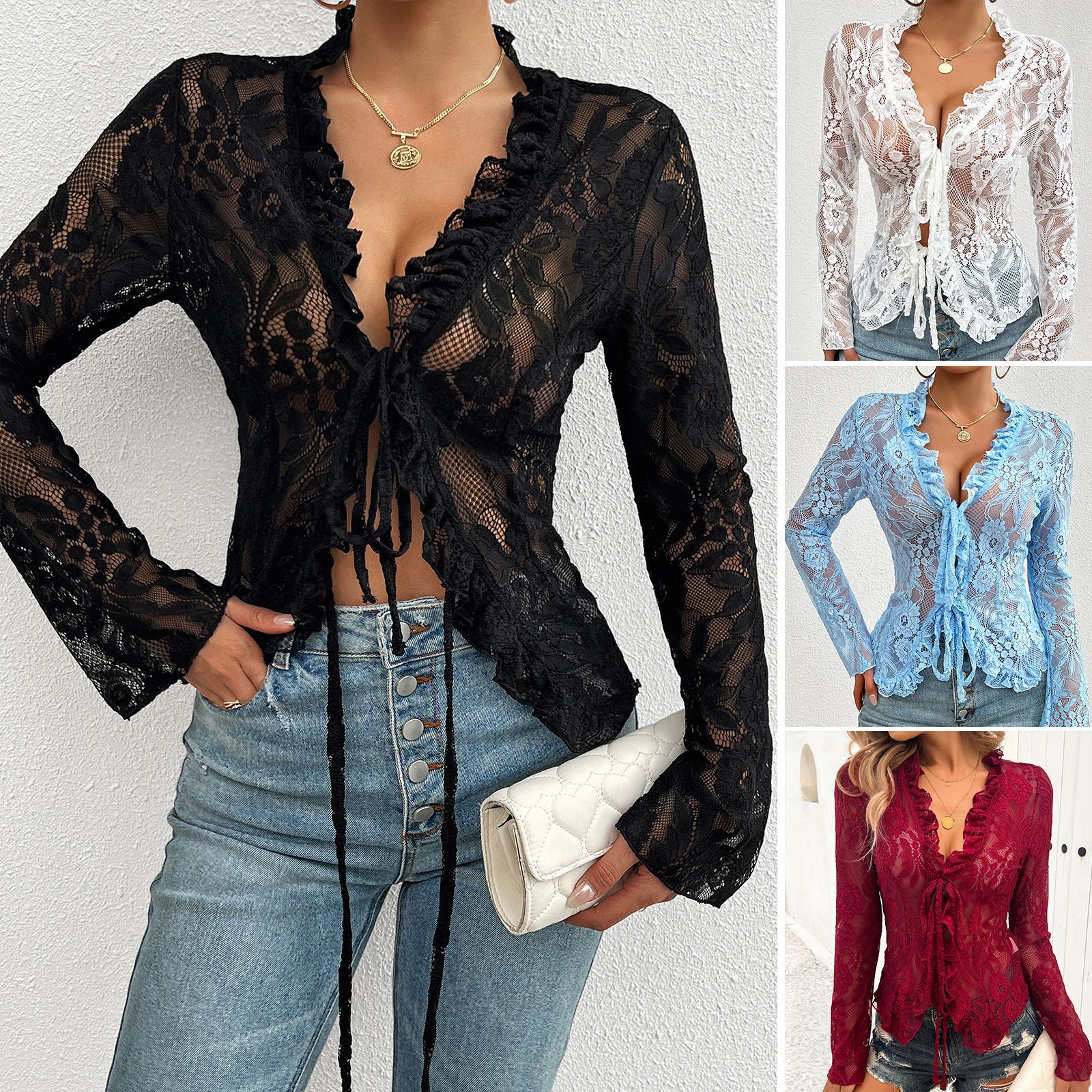 2024 New Designs Autumn/Winter Lady Slim Long Sleeve Lace Top Women's Blouses &amp; Shirts Hot Sell