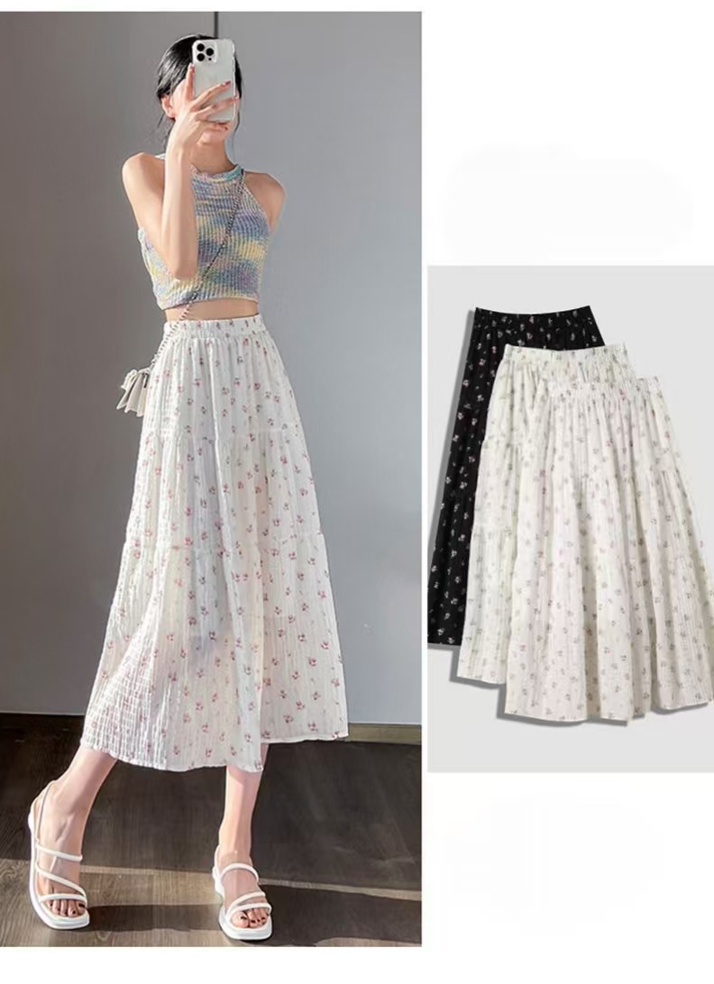 French Floral Embroidery Women's Midi Skirt Spring Summer 2025 New Fashion High Waist Slim Breathable Versatile Big Swing a Line