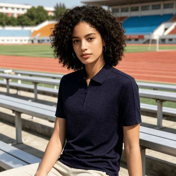 2663 Slight Crinkle Spliced Zip up Polo Shirt Unisex Business Casual Workwear Office Uniform Comfortable Breathable Daily Top