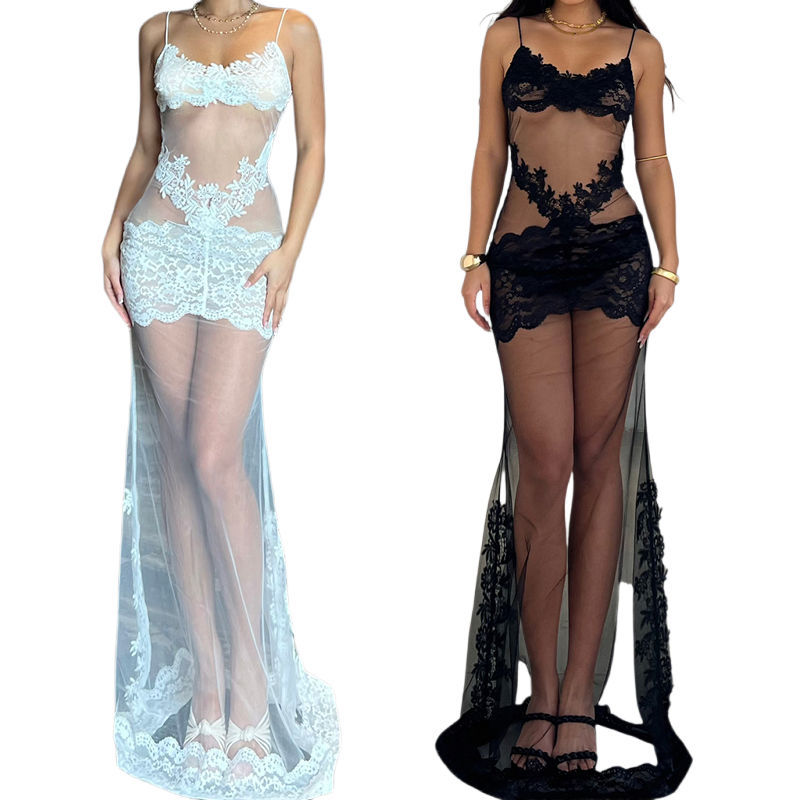 Women's Sexy Sheer Lace Cocktail Evening Dress Sleeveless Backless Floral Lace Floor Length Formal Gown