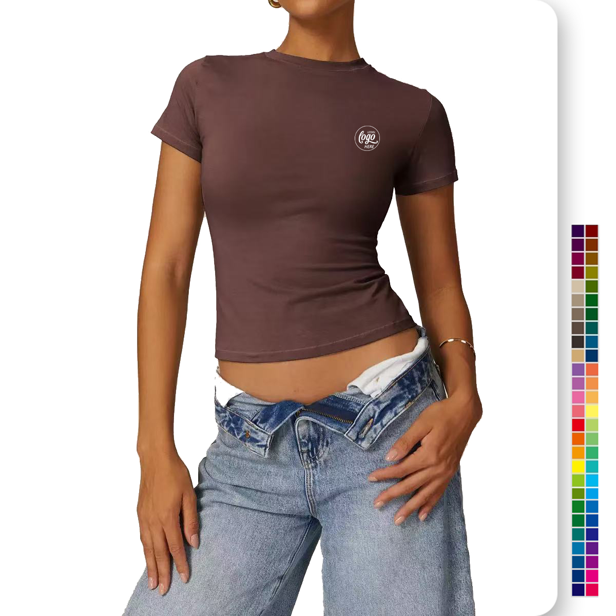 Wholesale Custom Ladies Sexy Cropped Tshirt Rhinestone 95% Cotton 5% Spandex Tight Slim Fit Crop Tops Tee T Shirt For Women