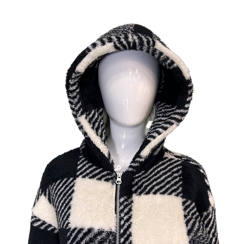 Winter Plush Women's Coat New Style Long Sleeved Full Zipper Checkered Hooded Loose Coat Women's Outerwear