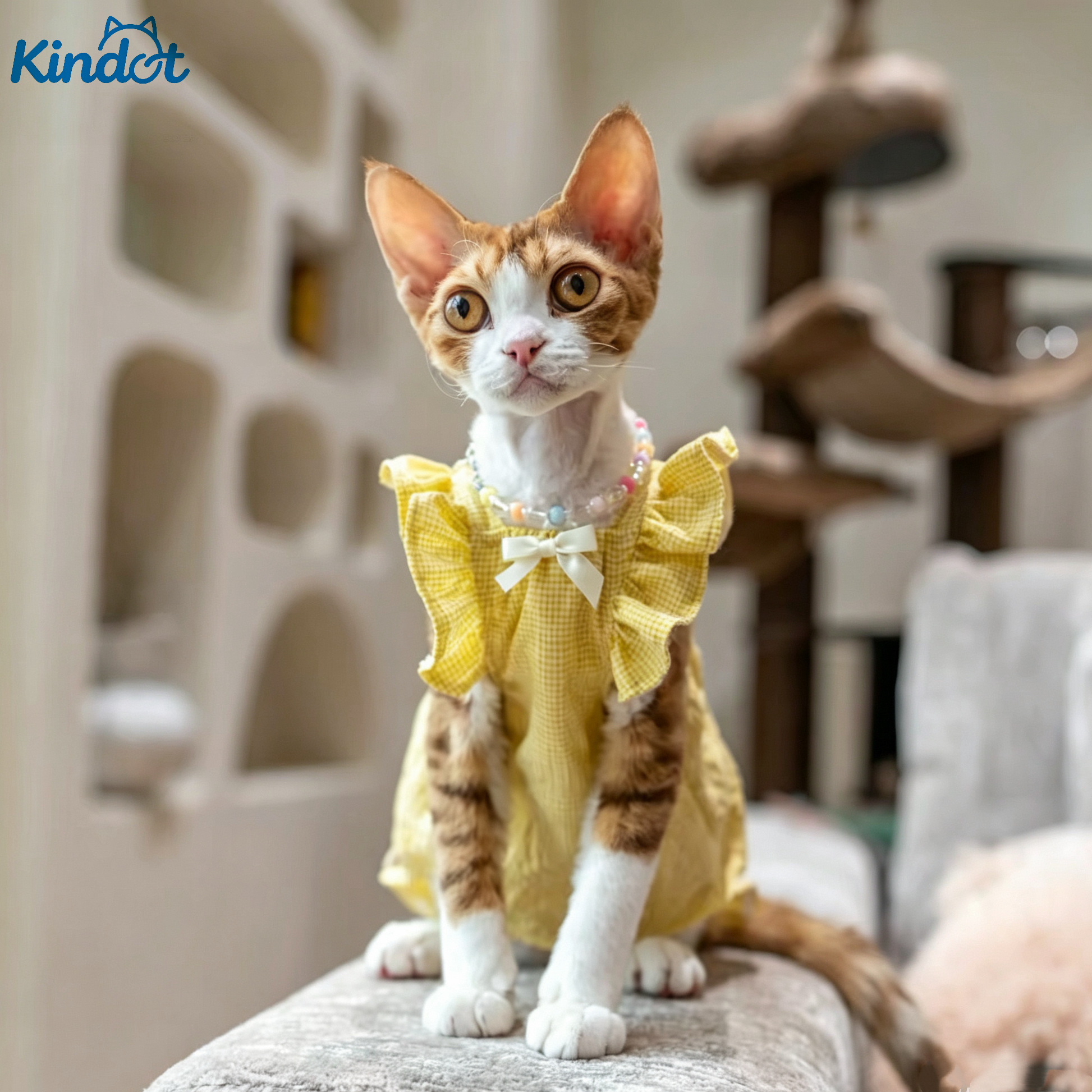 KINDOT Dopamine-inspired Crinkled Cotton Mini Dress German-style Cat Outfit Hairless Cats Wrinkle-resistant Bubble Chiffon