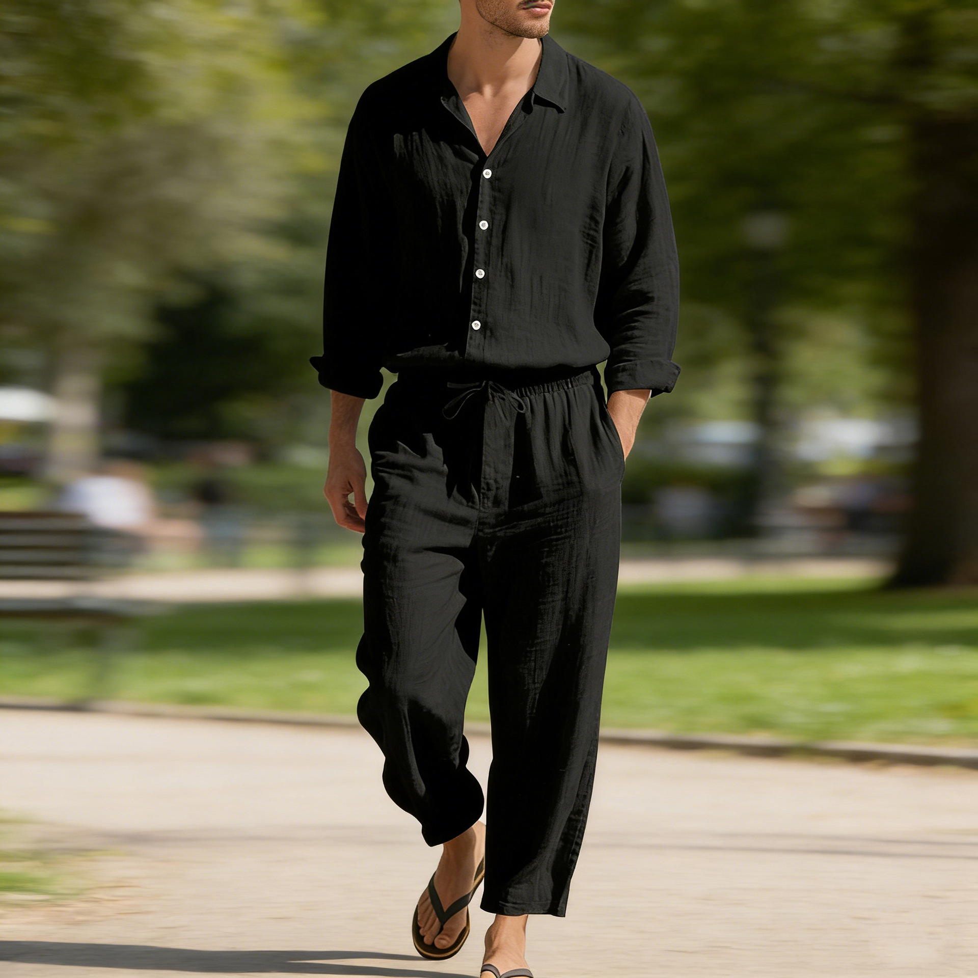 American-style All-season Linen Men's Casual Loose Beach Sun protection Long-sleeved Shirt and Trouser Suit