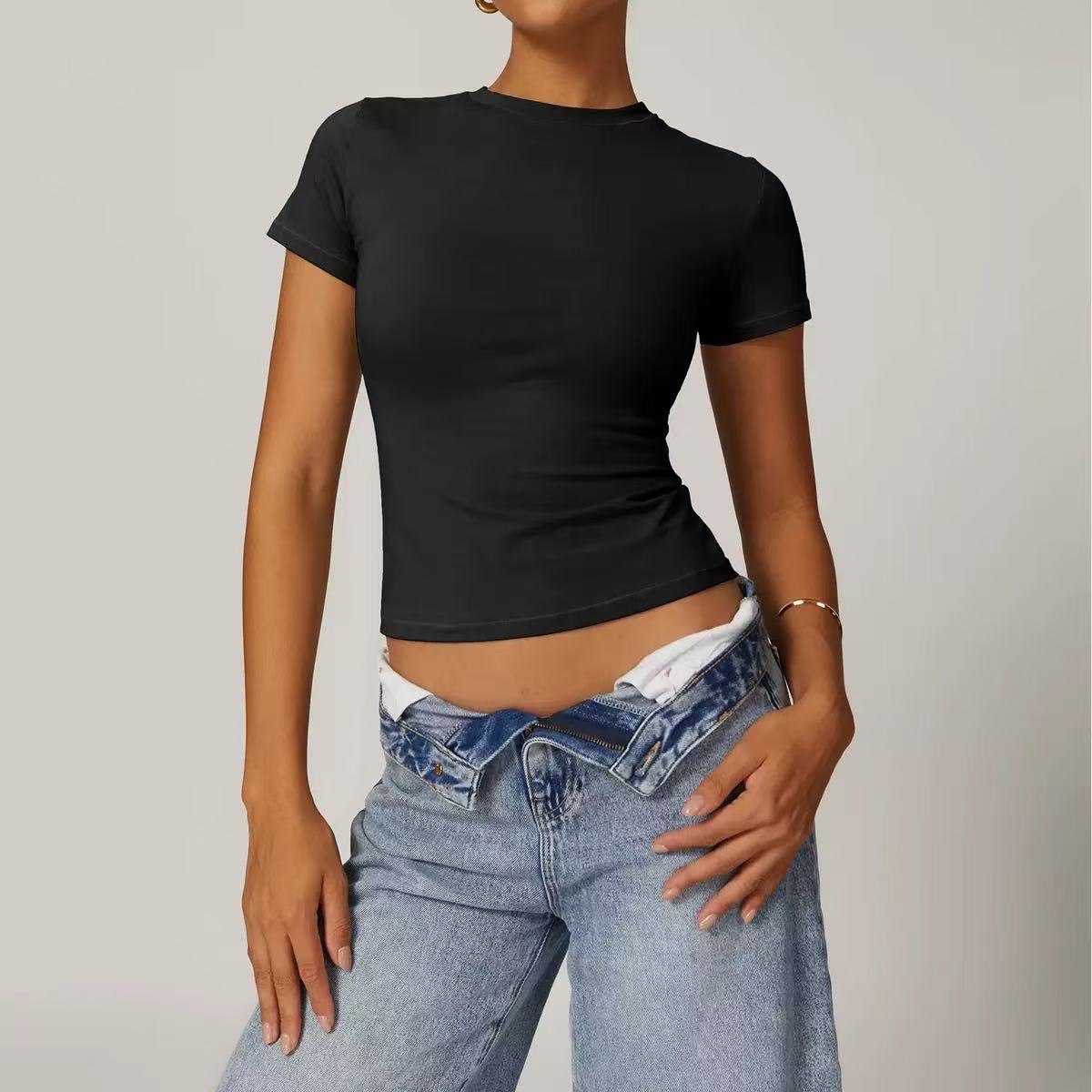 Wholesale Custom Ladies Sexy Cropped Tshirt Rhinestone 95% Cotton 5% Spandex Tight Slim Fit Crop Tops Tee T Shirt For Women