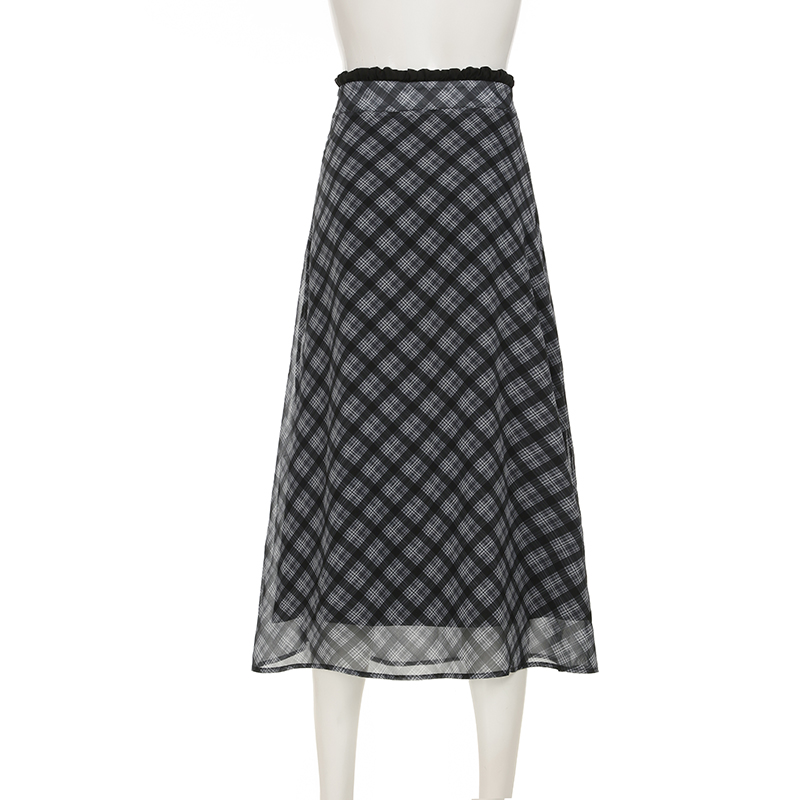 Casual Style Women's Plaid Knee-Length Chiffon Ruched Skirt