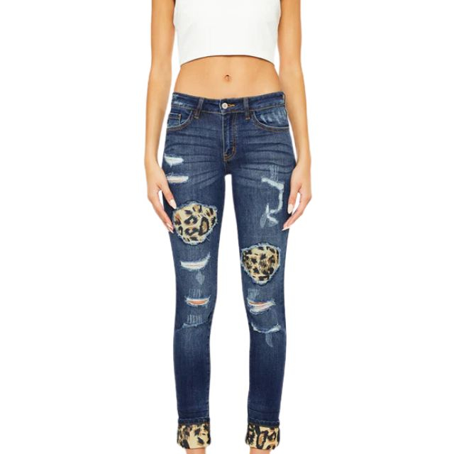 Wholesale Sexy Leopard Patch Slim Fit Denim Women High Waist Skinny Plus Size Jeans Destroyed Mid Rise Ripped Petite Trousers