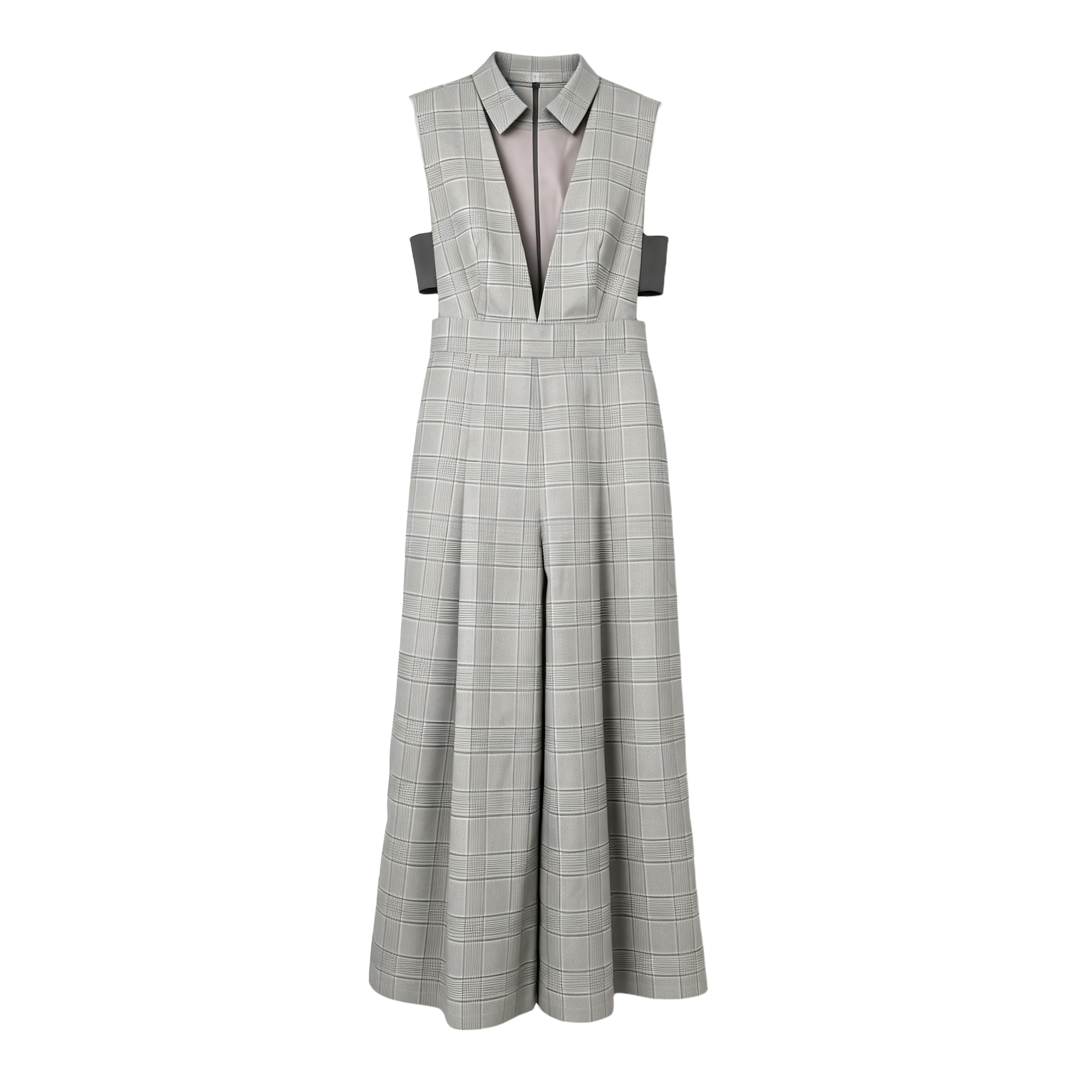 Women's Summer Loose Fit Deep V Neck Sleeveless Plaid Full Length Jumpsuit with Hollow Out Breathable Office Workwear