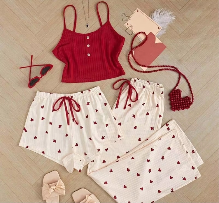 Women's Sleepwear Sexy Solid Cami Top Flower Print Shorts Pants Home Wear Pajamas Set Korean Sexy Soft Milk Silk 3in1 Nightwear