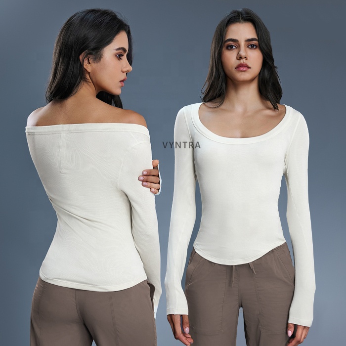 Women Modal Long Sleeves Sexy Off-The-Shoulder Slim Fitted Shirts Workout Running Tight Fitness Gym Sports T-shirt Yoga Tee Tops
