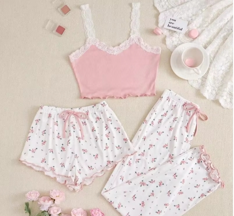 Women's Sleepwear Sexy Solid Cami Top Flower Print Shorts Pants Home Wear Pajamas Set Korean Sexy Soft Milk Silk 3in1 Nightwear