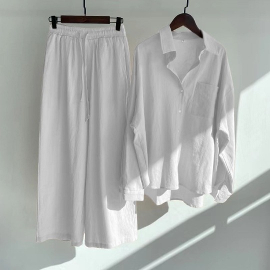 Spring Fall Ladies Pants 2 Piece Retro Plus Size Women Clothing High Waist Loose Trousers Cotton Linen Shirt Women's Sets
